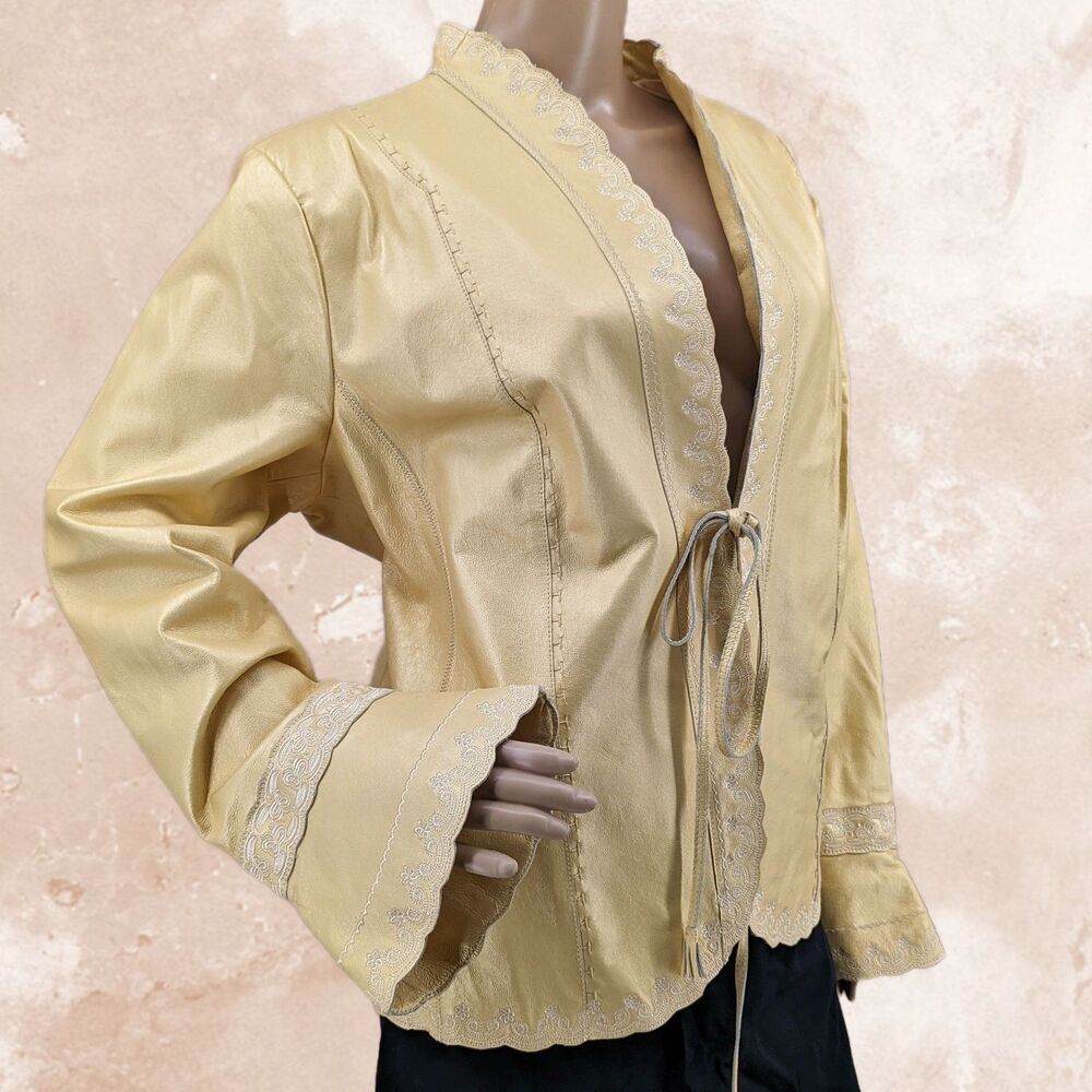 Vintage y2k Terry Lewis Leather Jacket Tie Front Gold Fairycore 2000s Plus 1X